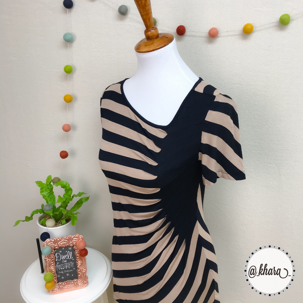 eci New York Black & Tan Striped Asymmetrical Top